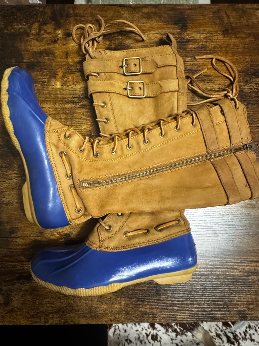 Tan Suede Lace-Up Duck Boots with Blue Rubber Toe